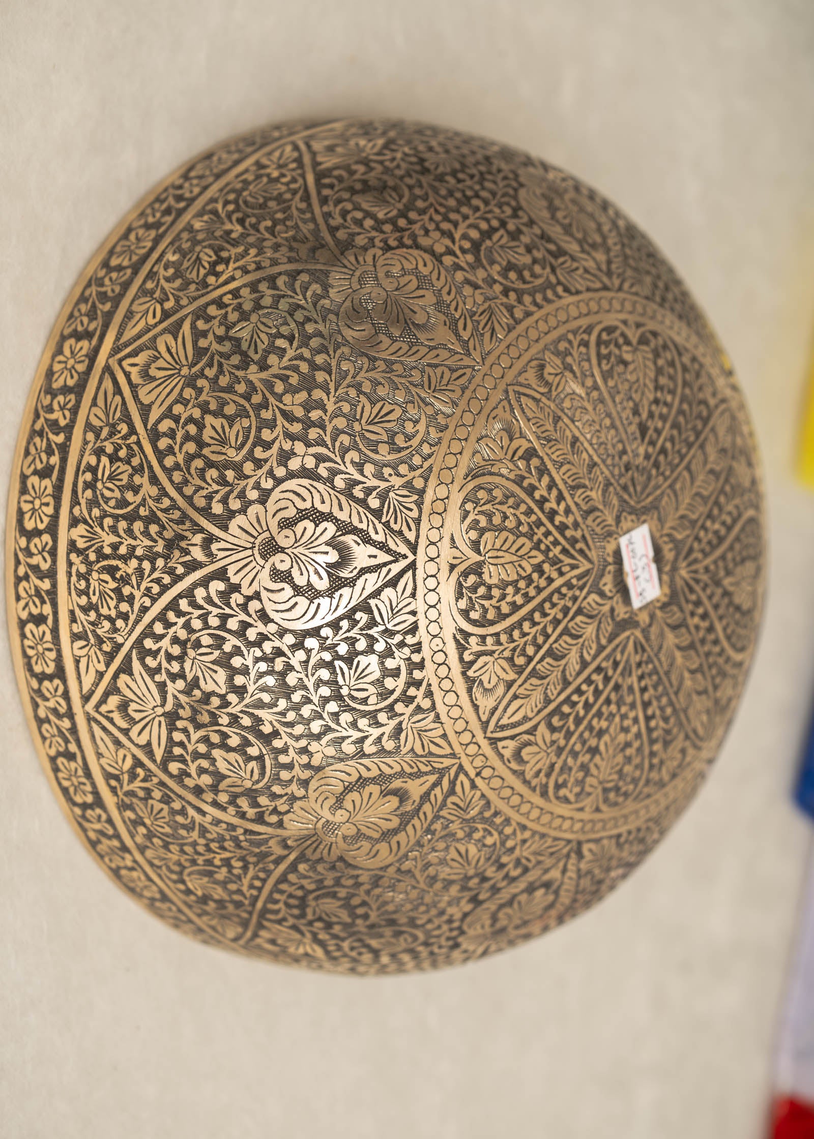 Lotus Floral Engraved handmade Tibetan singing bowl with brass carving, wooden mallet, and cushion for meditation and chakra healing