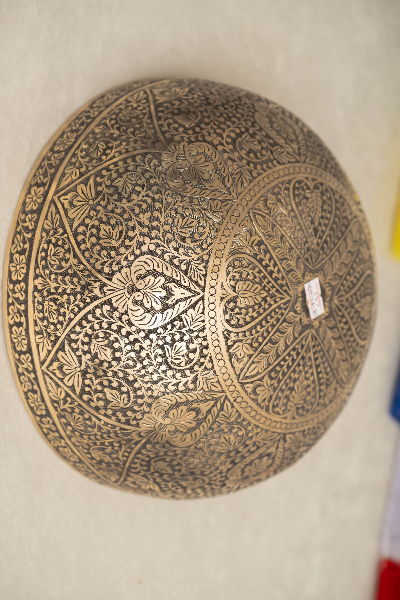 Lotus Floral Engraved handmade Tibetan singing bowl with brass carving, wooden mallet, and cushion for meditation and chakra healing