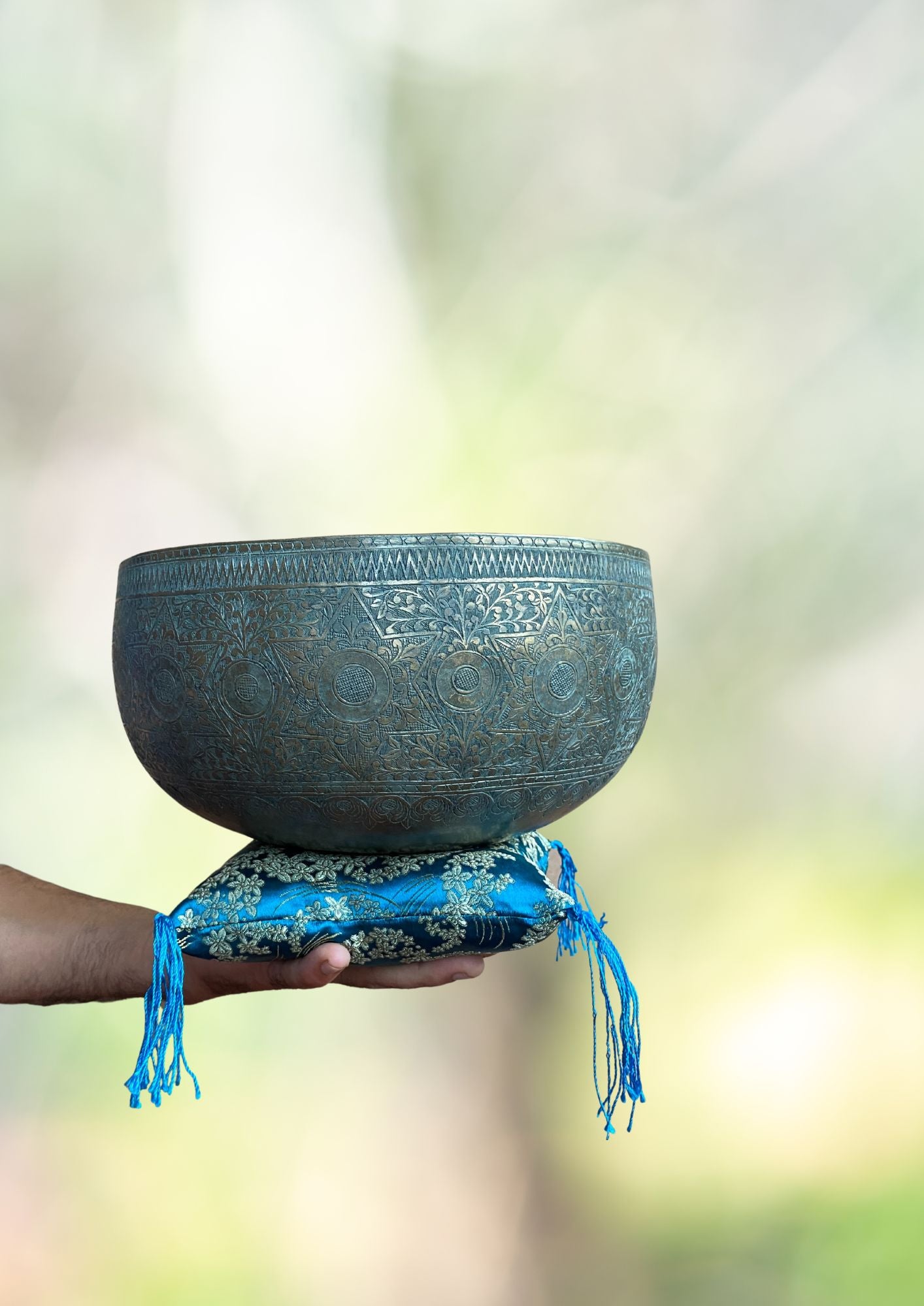 Antique Jambati Peacock Carved Singing Bowl for sound healing. 