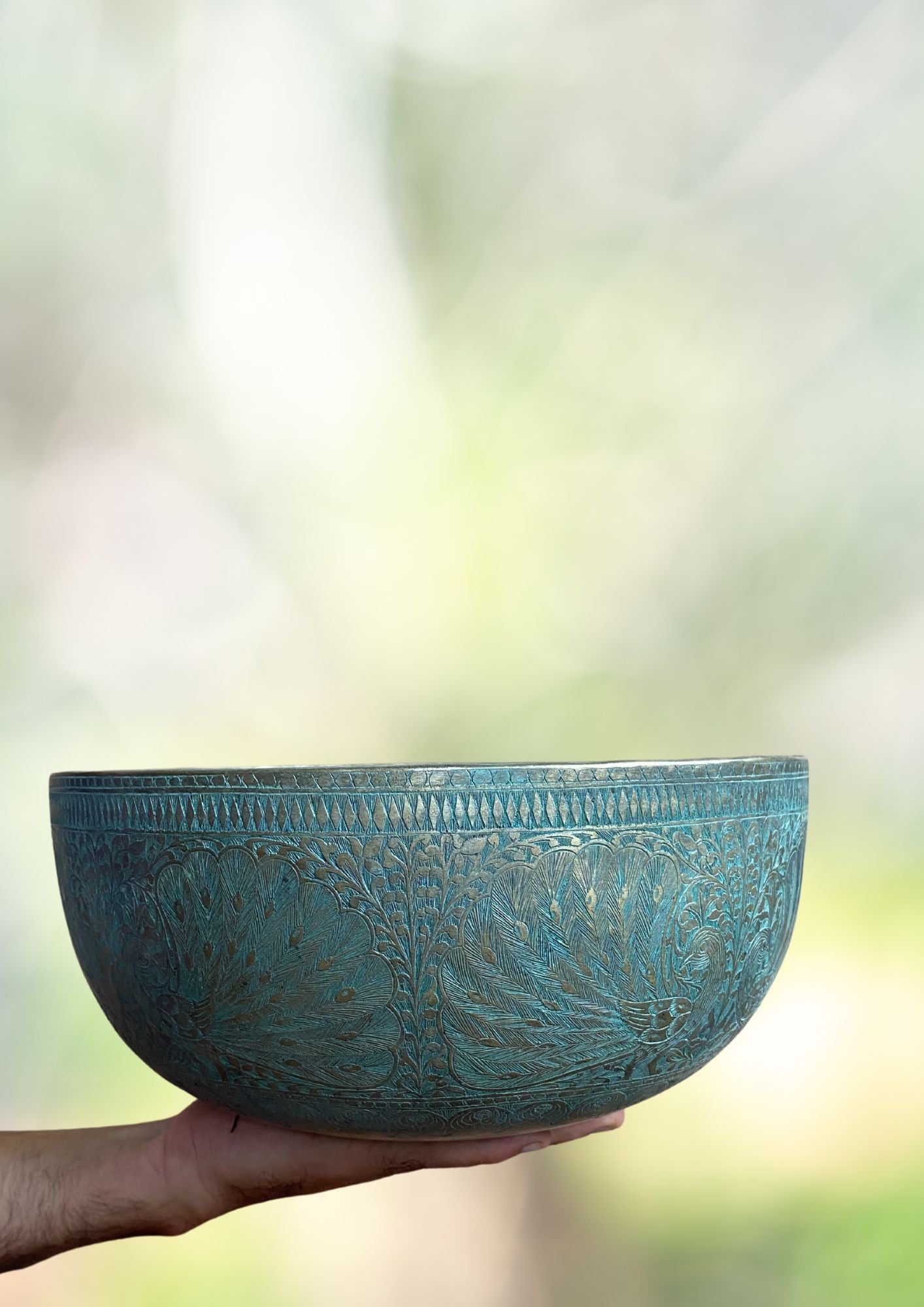 Antique Jambati Peacock Carved Singing Bowl for sound healing. 