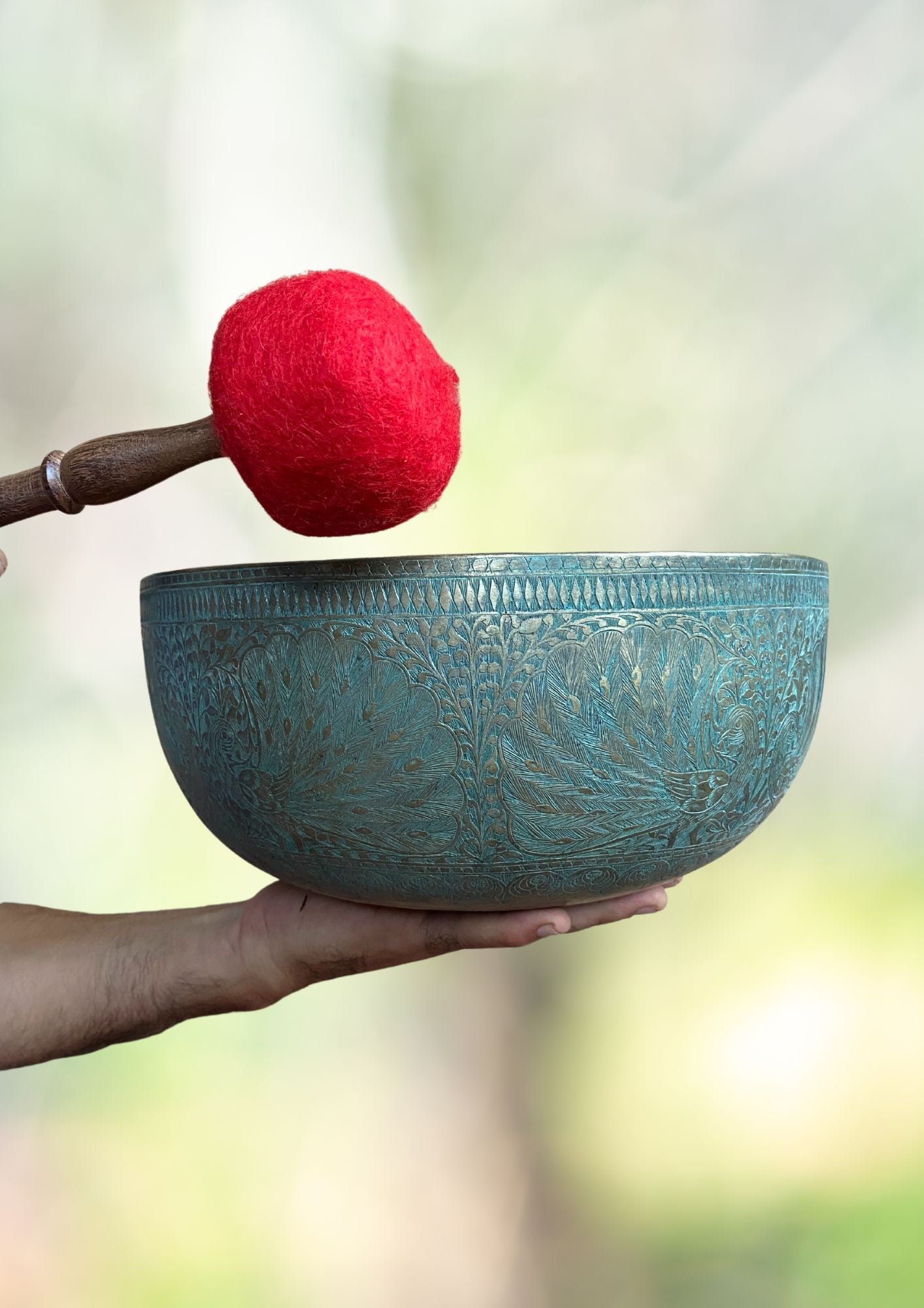 Antique Jambati Peacock Carved Singing Bowl for sound healing. 