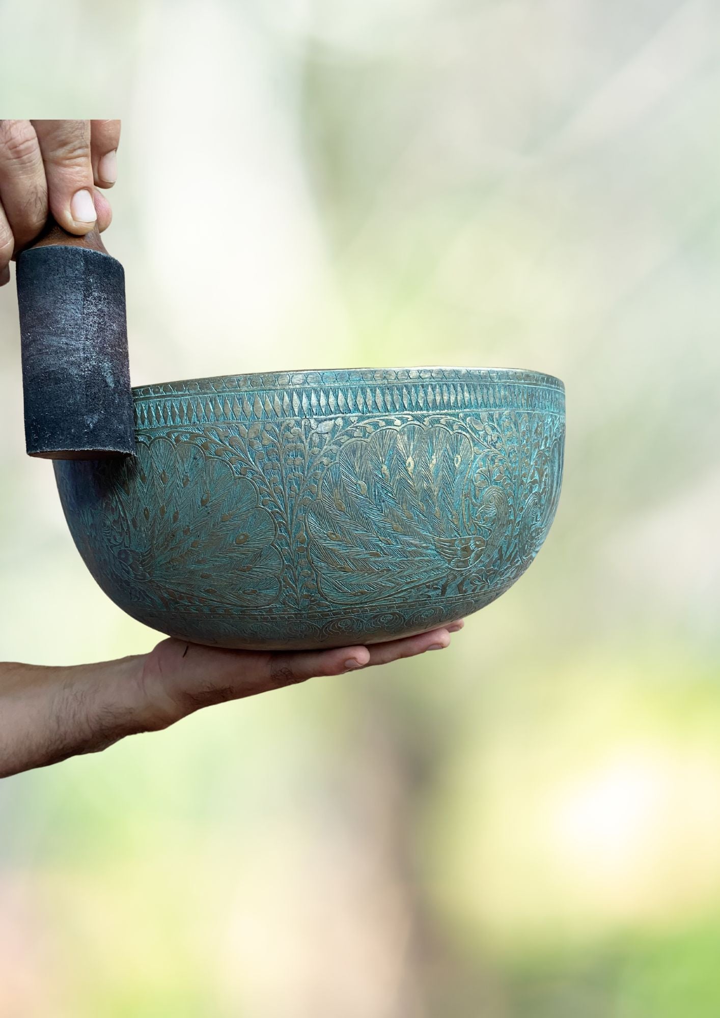 Antique Jambati Peacock Carved Singing Bowl for sound healing. 