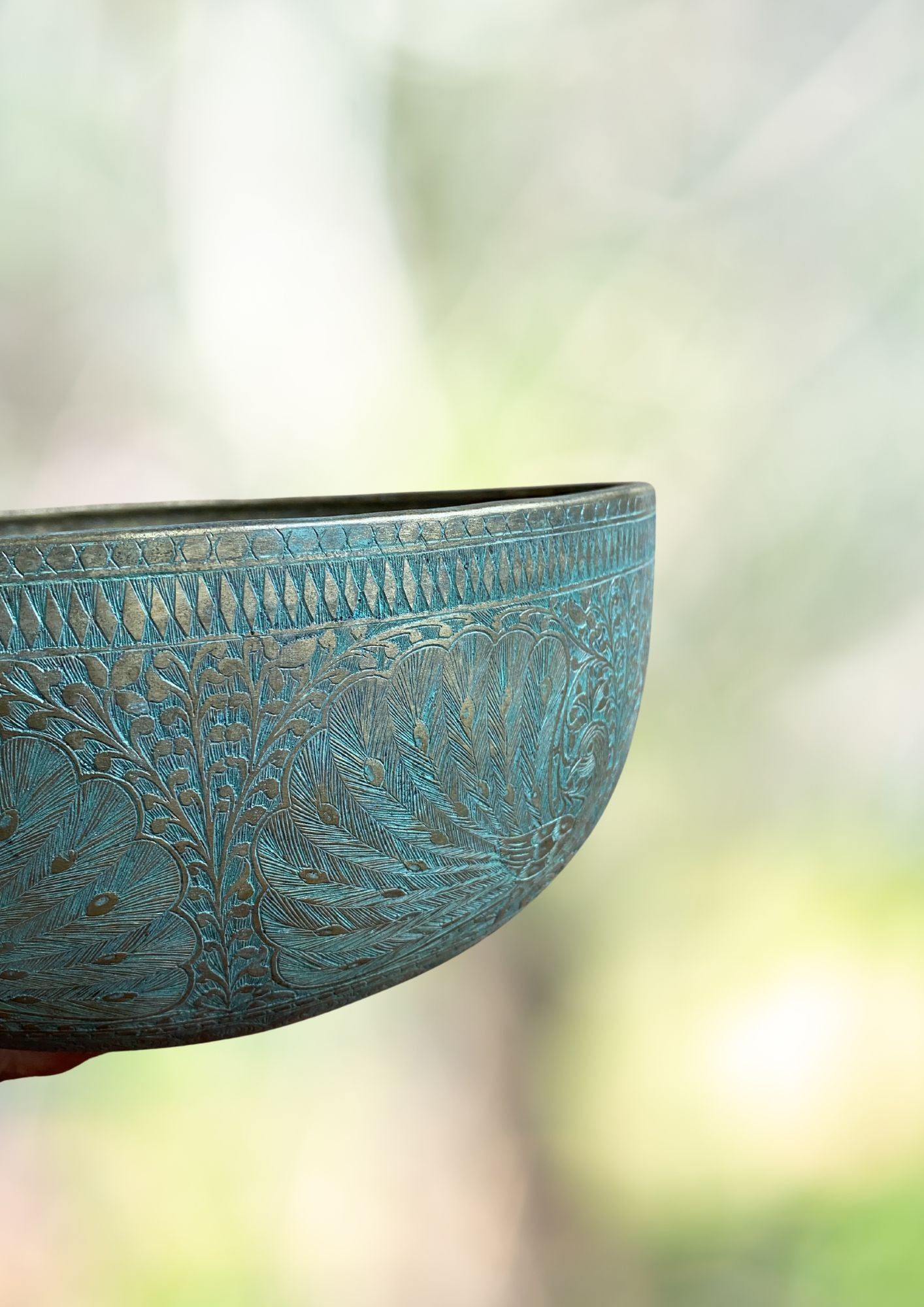 Antique Jambati Peacock Carved Singing Bowl for sound healing. 