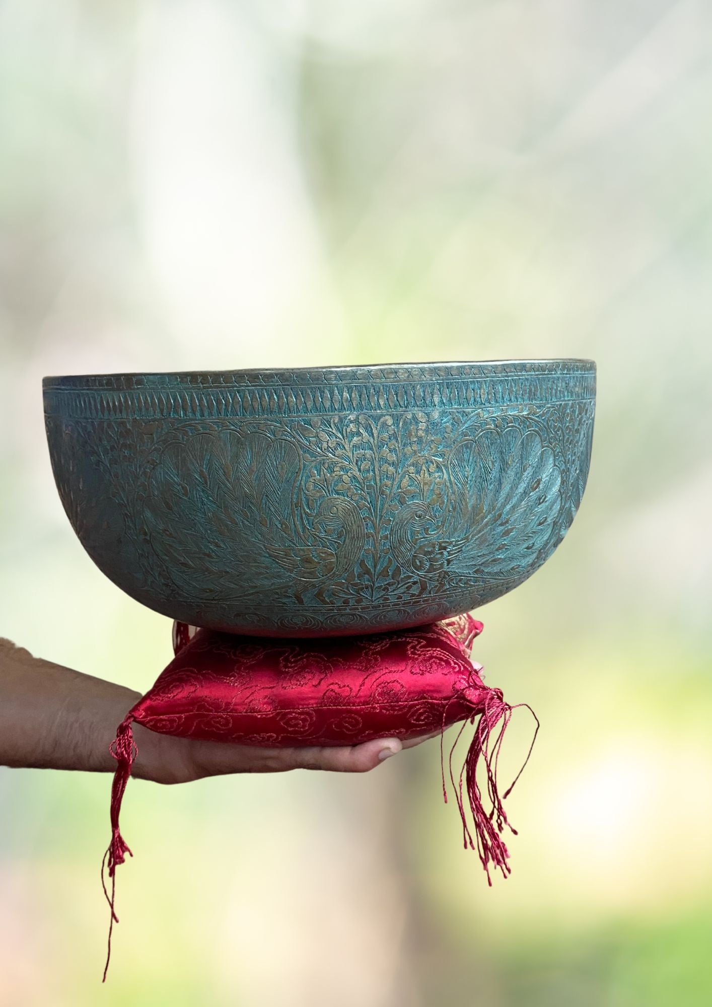 Antique Jambati Peacock Carved Singing Bowl for sound healing. 