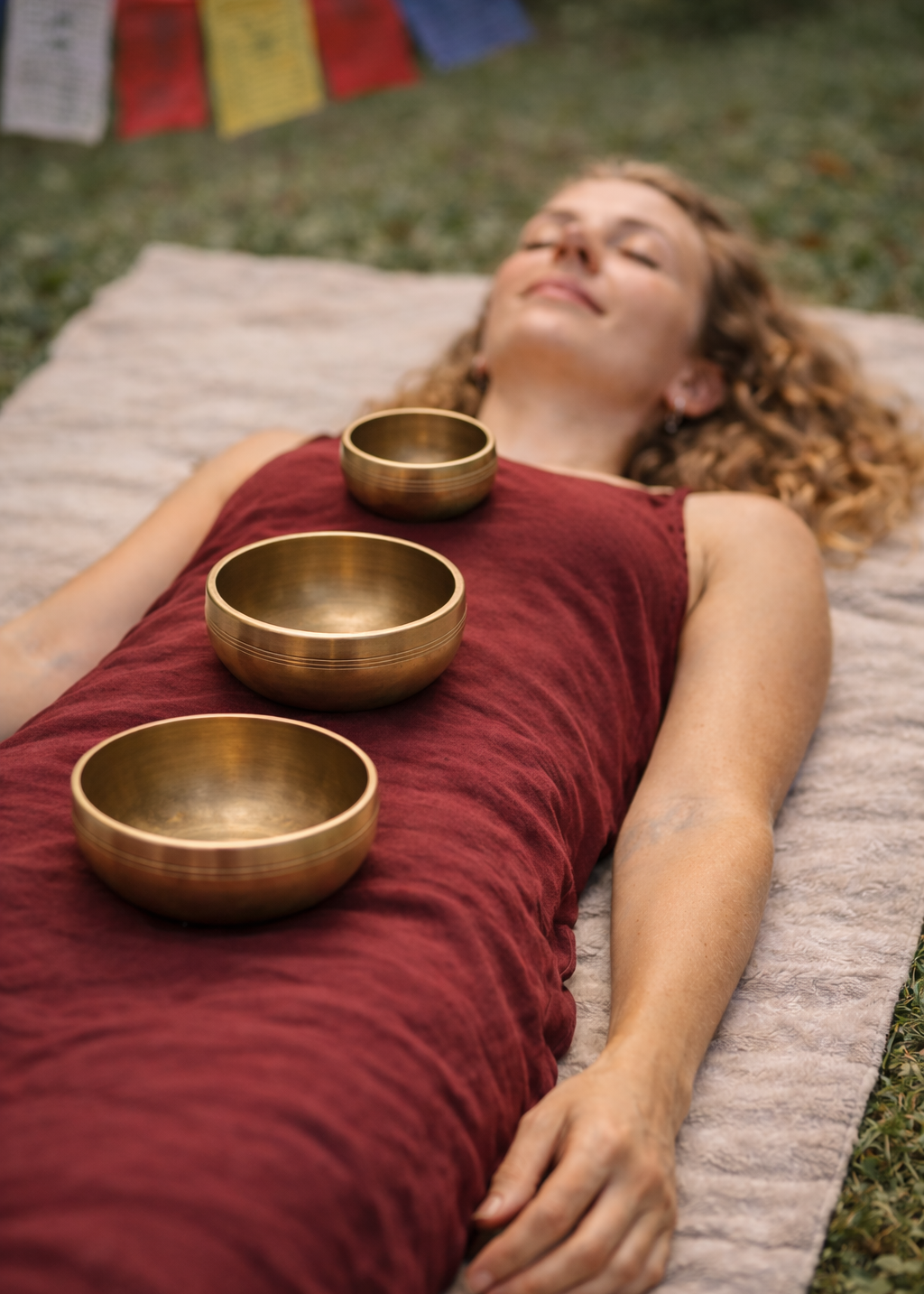 Woman lying on a mat with three bronze singing bowls in front of her, with prayer flags in the background.