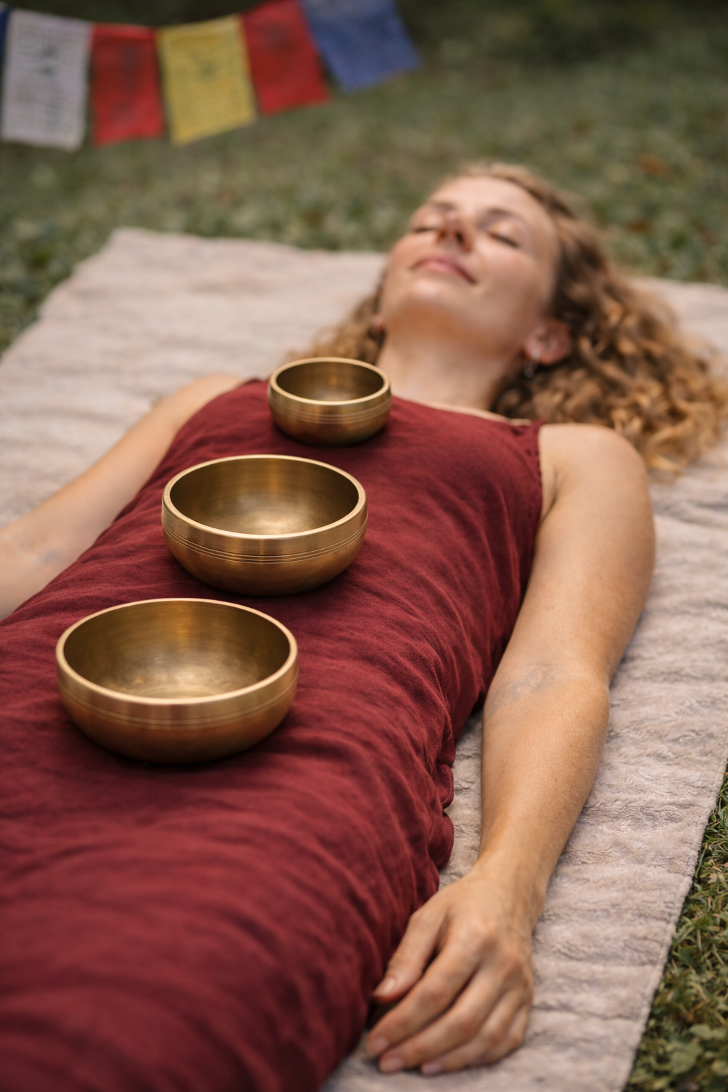 Woman lying on a mat with three bronze singing bowls in front of her, with prayer flags in the background.