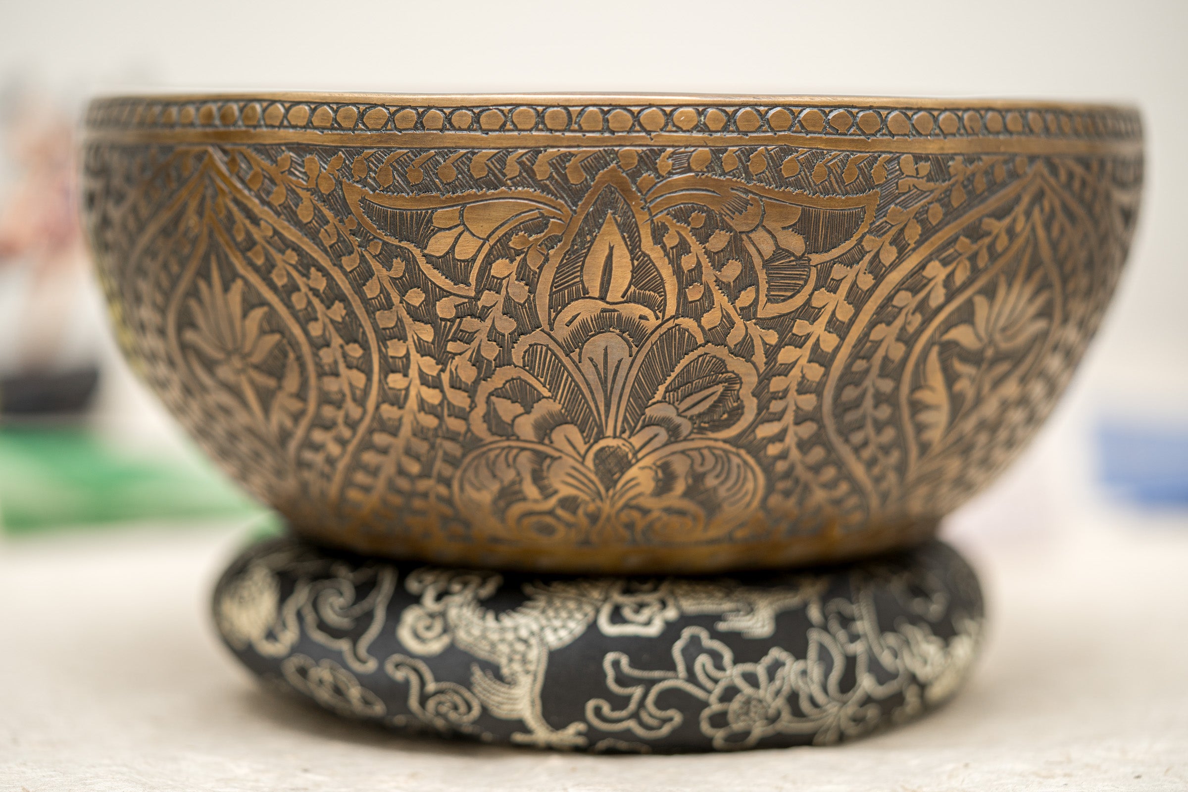 Antique Floral Carved Singing Bowl for Sound Healing.