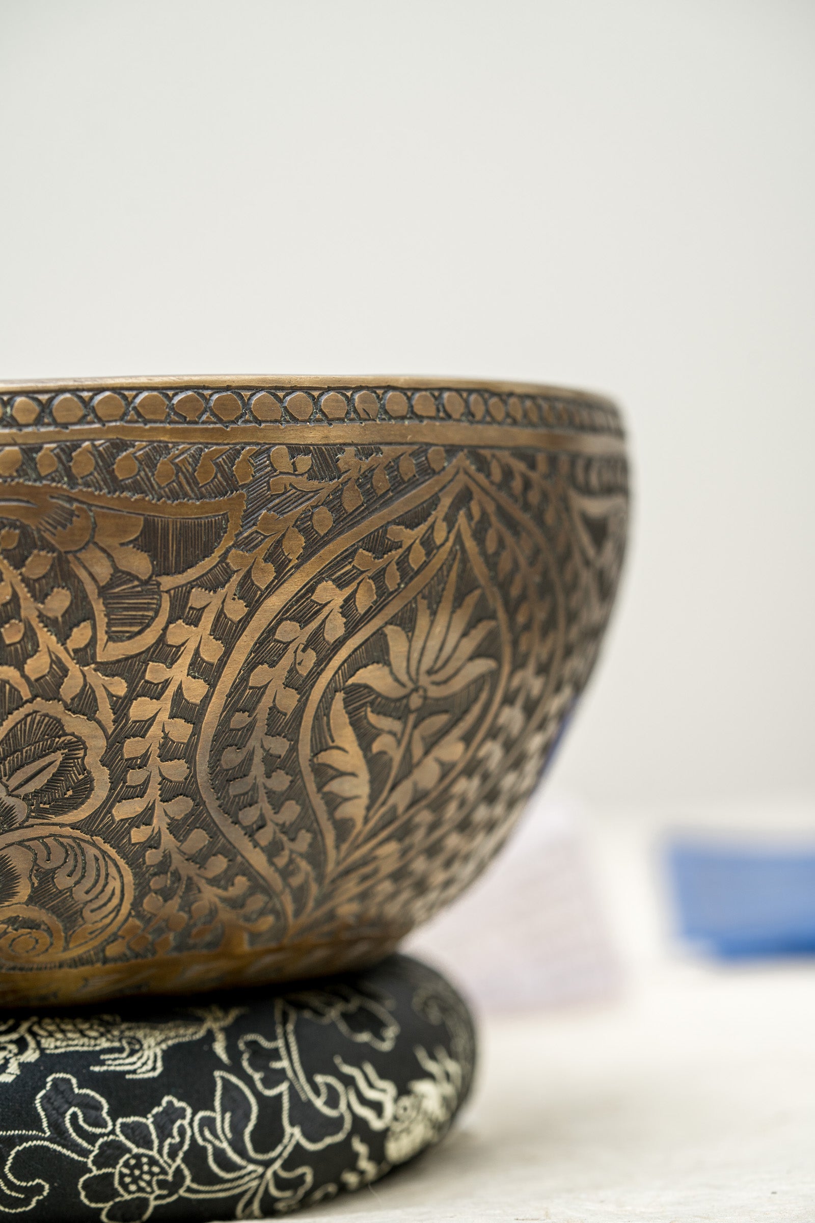 Antique Floral Carved Singing Bowl for Sound Healing.