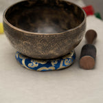 Handmade Himalayan traditional floral ornamental singing bowl carved design tuned to F3 and C5 for throat chakra sound healing