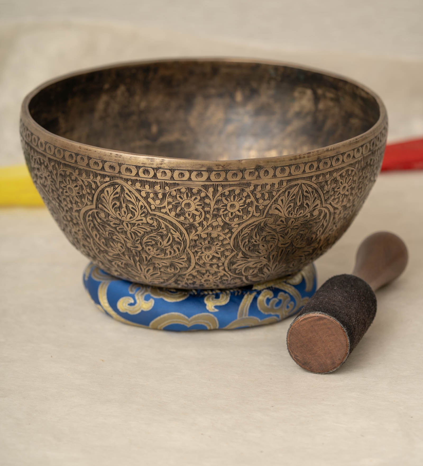 Handmade Himalayan Kashmiri-style singing bowl engraved design tuned to D3 and D2 for Sacral Chakra meditation and sound healing