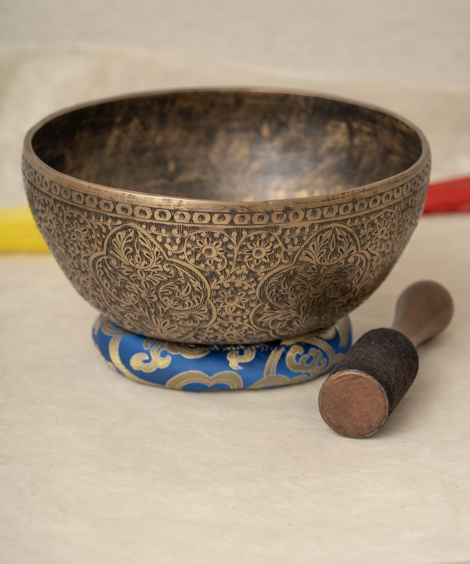 Handmade Himalayan Kashmiri-style singing bowl engraved design tuned to D3 and D2 for Sacral Chakra meditation and sound healing