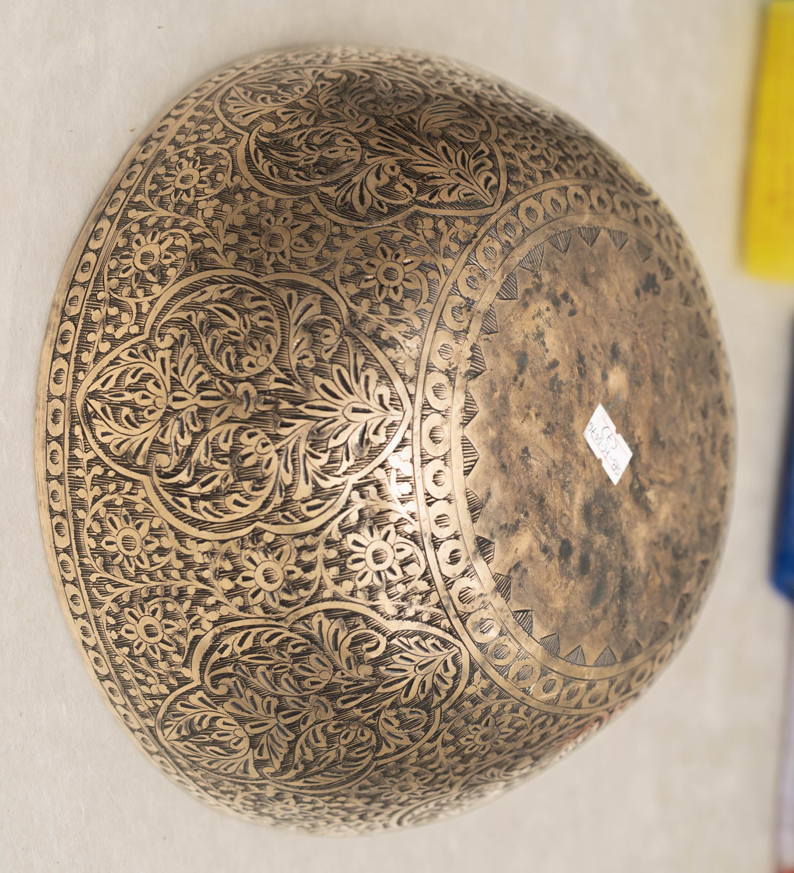 Handmade Himalayan Kashmiri-style singing bowl engraved design tuned to D3 and D2 for Sacral Chakra meditation and sound healing