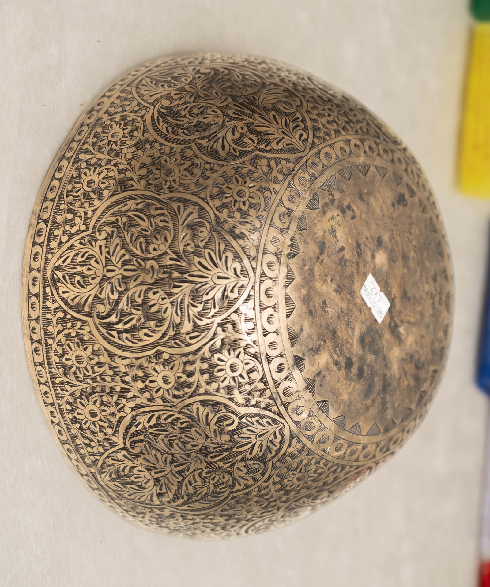 Handmade Himalayan Kashmiri-style singing bowl engraved design tuned to D3 and D2 for Sacral Chakra meditation and sound healing