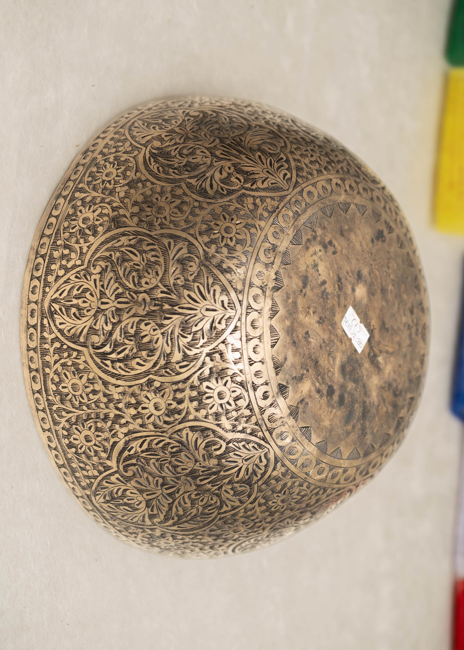 Handmade Himalayan Kashmiri-style singing bowl engraved design tuned to D3 and D2 for Sacral Chakra meditation and sound healing