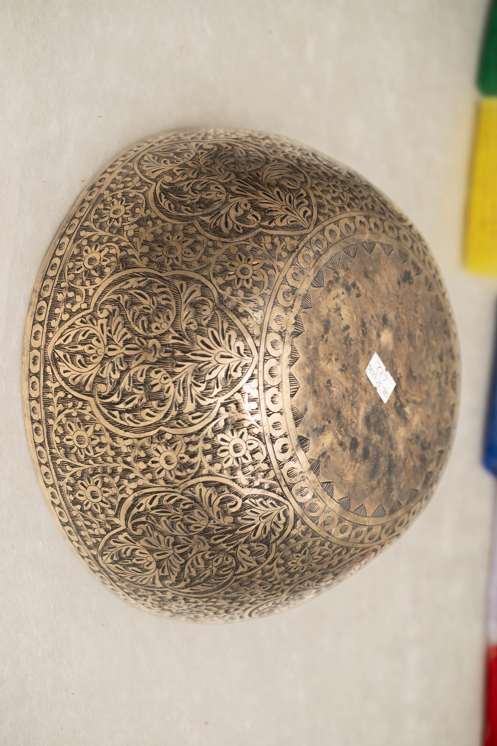 Handmade Himalayan Kashmiri-style singing bowl engraved design tuned to D3 and D2 for Sacral Chakra meditation and sound healing