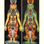 Two colorful illustrations of 7 chakra human figures painted on a thangka cotton base