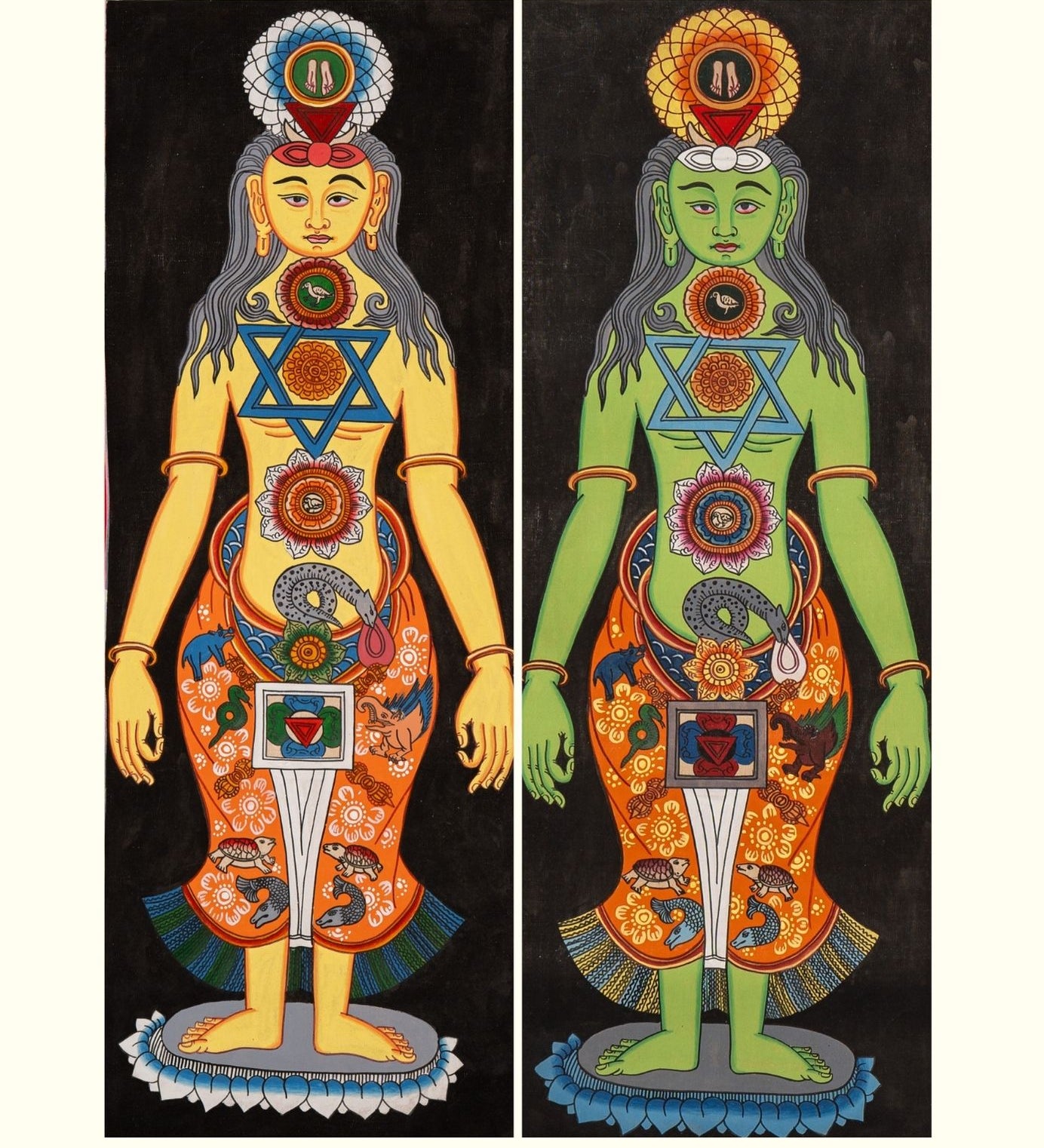 Two colorful illustrations of 7 chakra human figures painted on a thangka cotton base