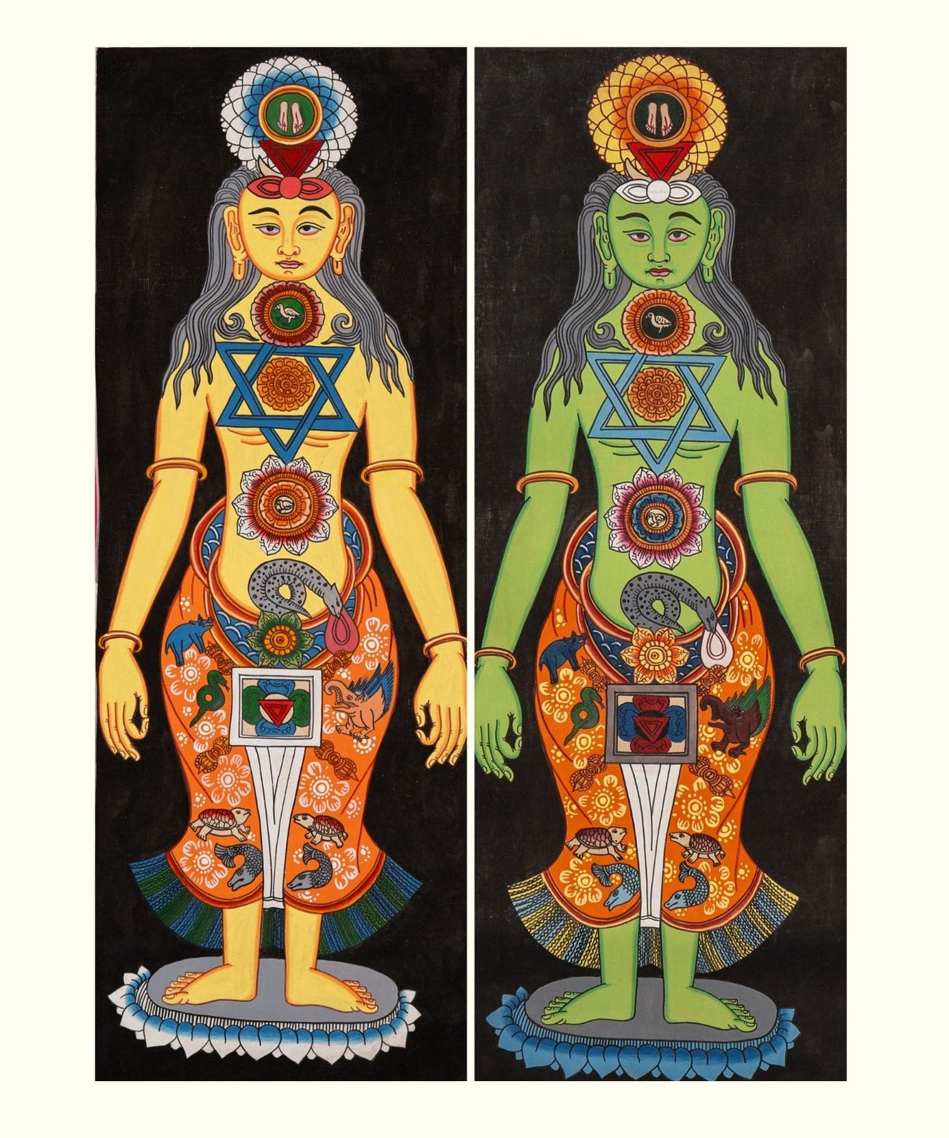 Two colorful illustrations of 7 chakra human figures painted on a thangka cotton base