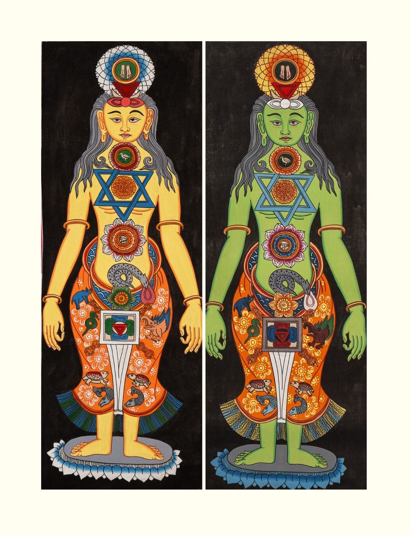 Two colorful illustrations of 7 chakra human figures painted on a thangka cotton base