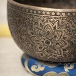 Handmade Himalayan lotus mandala engraved singing bowl tuned to F3 for meditation and sound healing