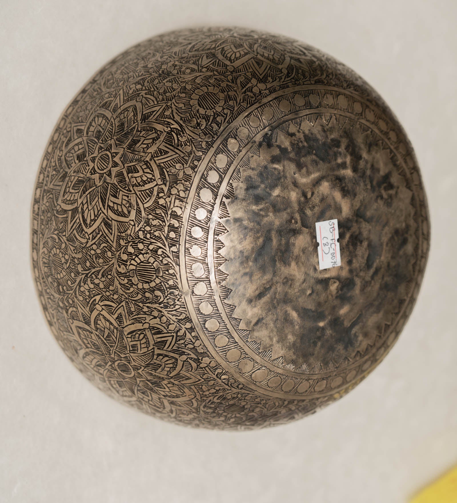 Handmade Himalayan lotus mandala engraved singing bowl tuned to F3 for meditation and sound healing