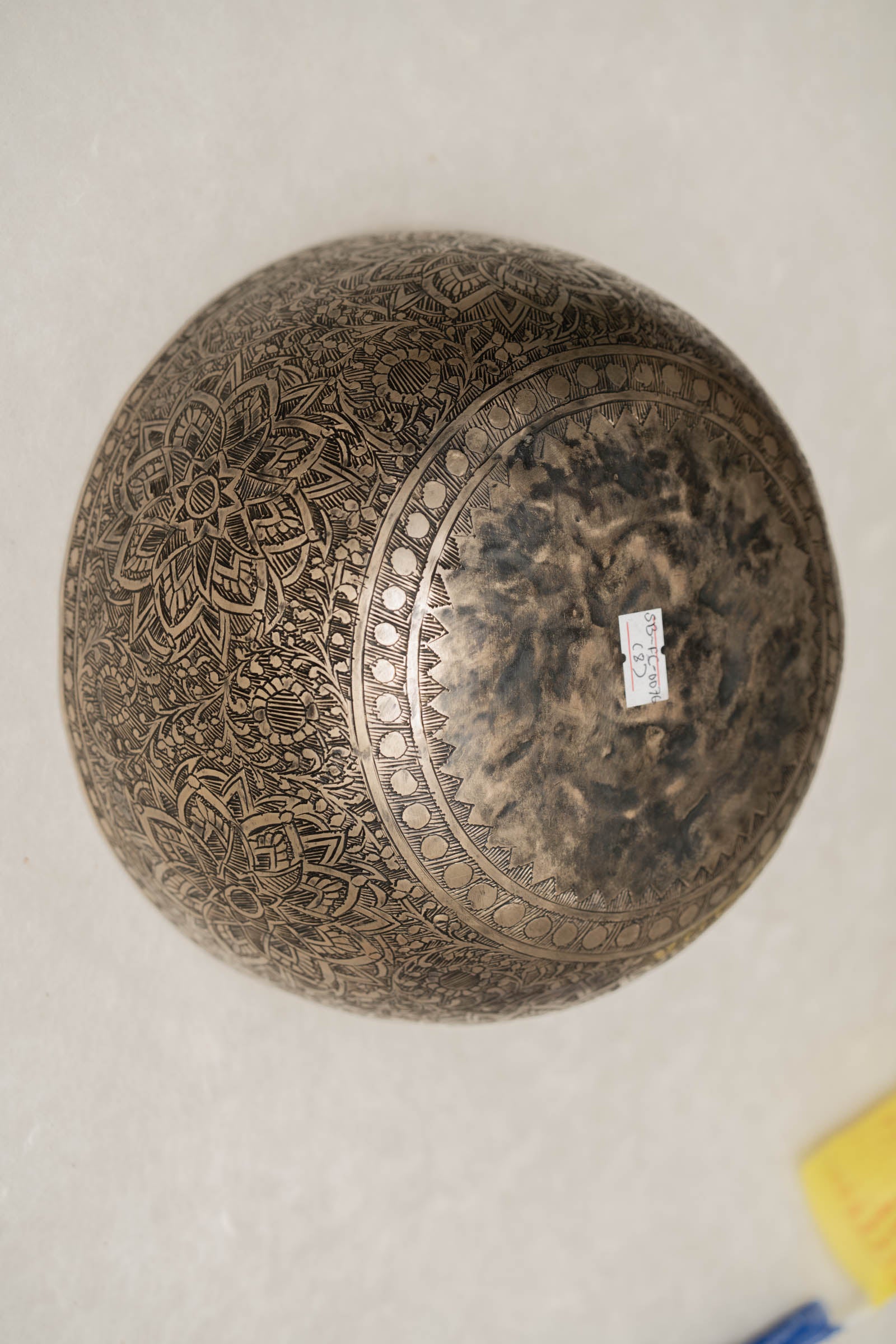 Handmade Himalayan lotus mandala engraved singing bowl tuned to F3 for meditation and sound healing