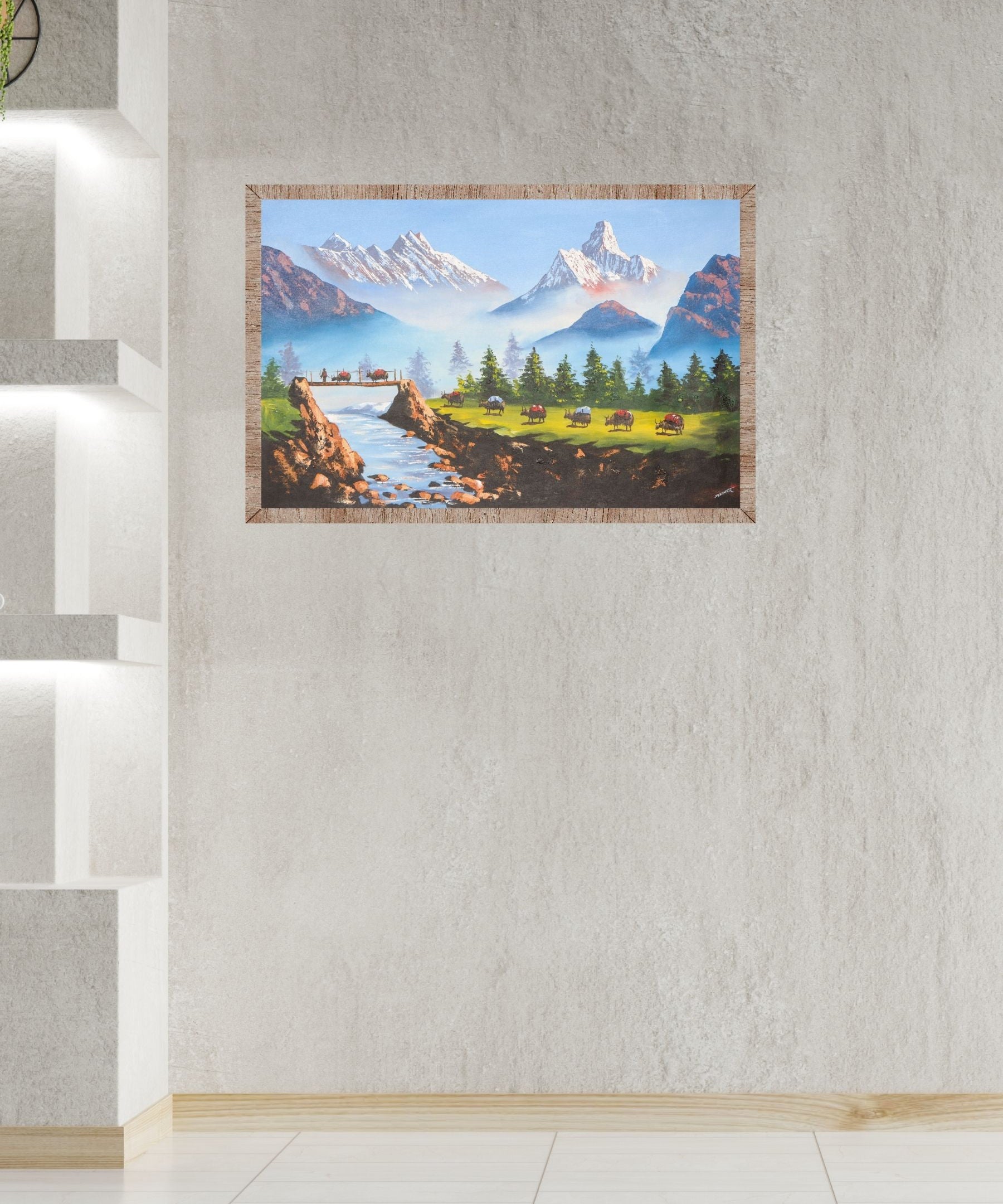 Oil Painting of Mount Everest with Beautiful Landscape of Yak grazing - Handpainted Art