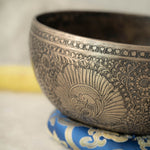 Handmade Himalayan peacock singing bowl carved design tuned to F3 for meditation and sound healing
