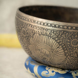 Handmade Himalayan peacock singing bowl carved design tuned to F3 for meditation and sound healing