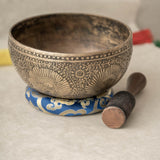Handmade Himalayan peacock singing bowl carved design tuned to F3 for meditation and sound healing