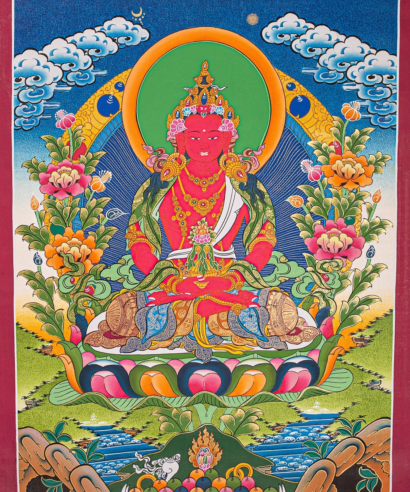 Amitayus Buddha Thangka painting- Red Buddha with Crown