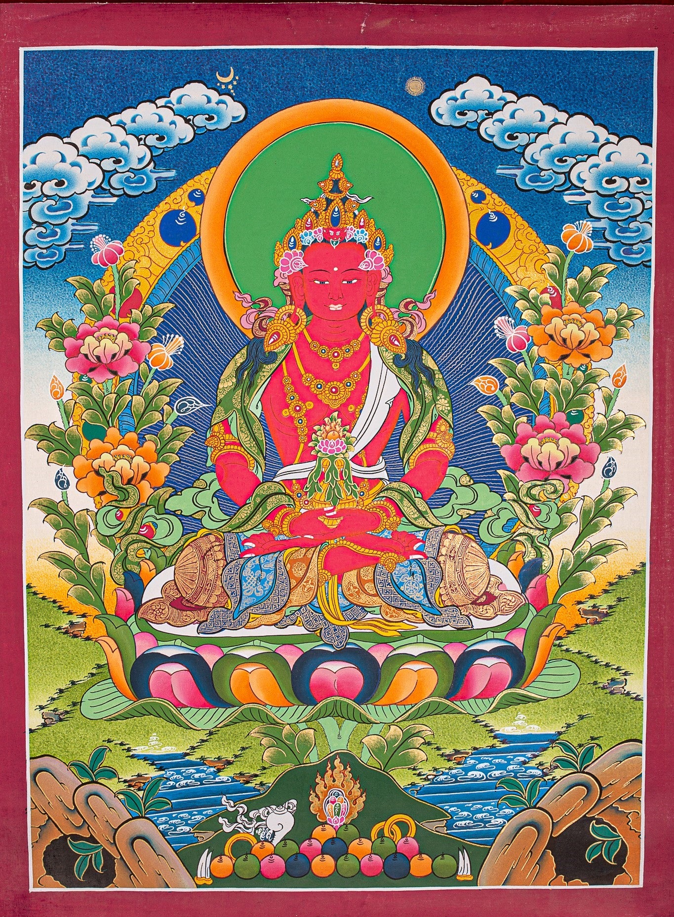 Amitayus Buddha Thangka painting- Red Buddha with Crown
