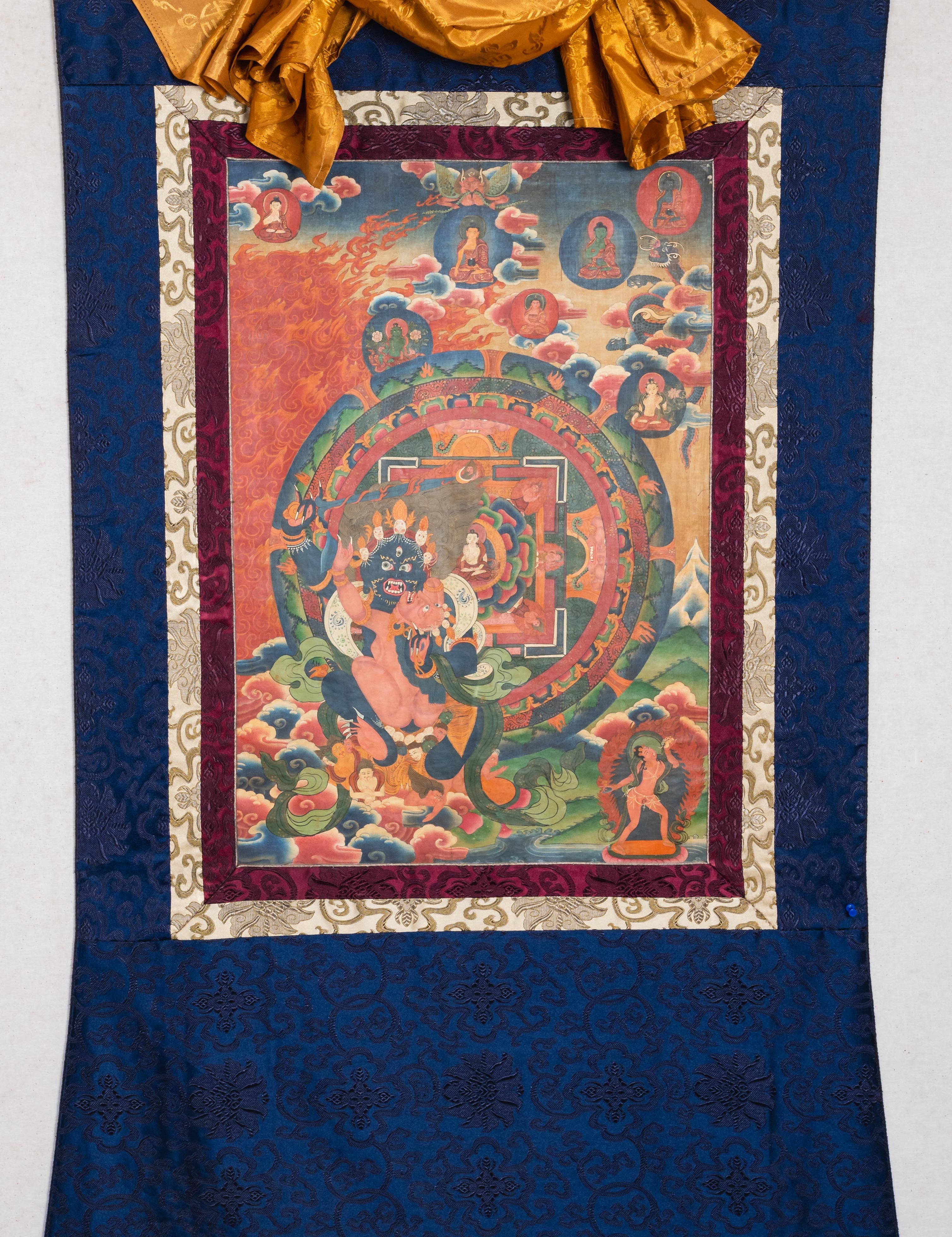Antique Vajrakaya Brocade Thangka for spirituality.