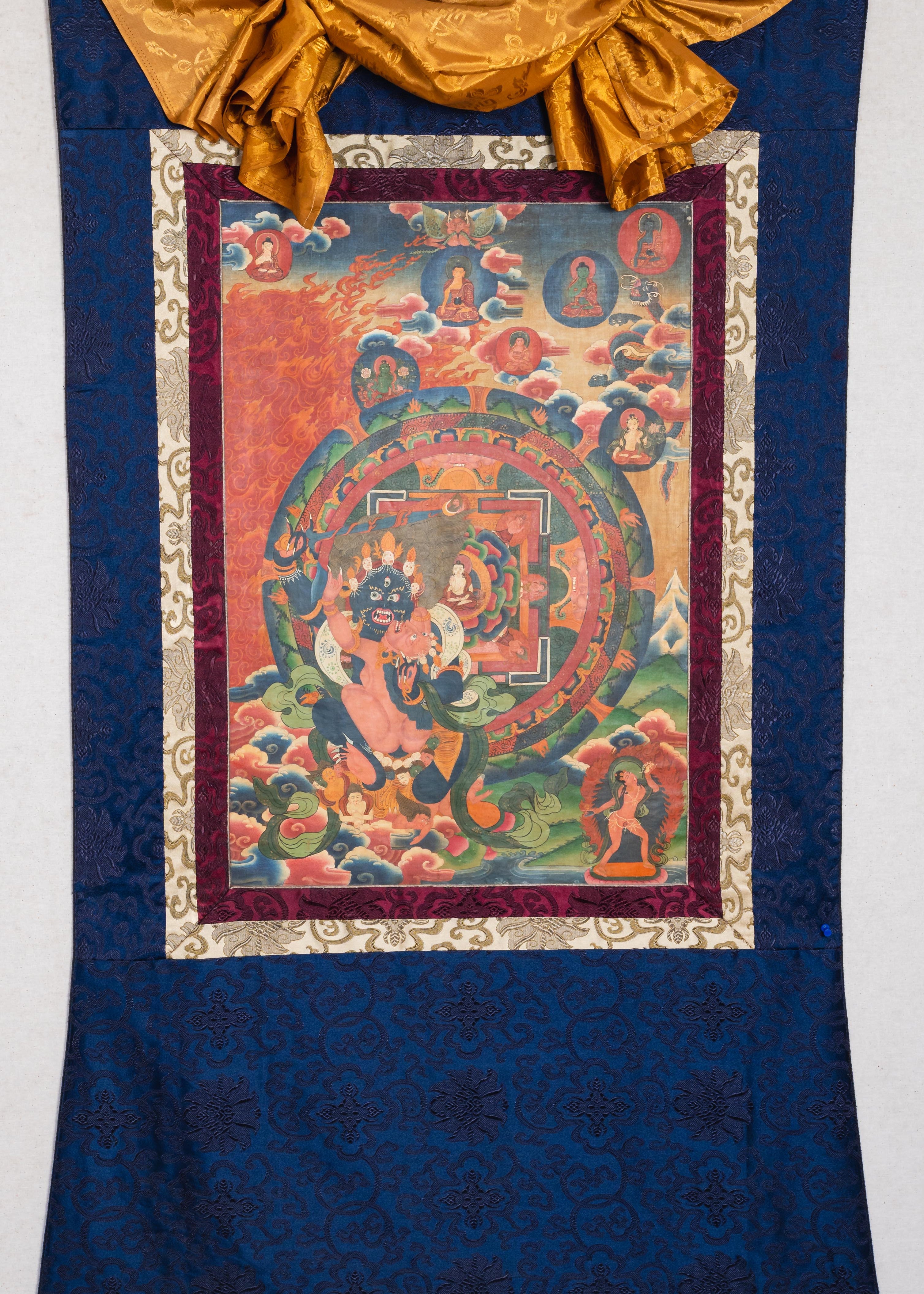 Antique Vajrakaya Brocade Thangka for spirituality.