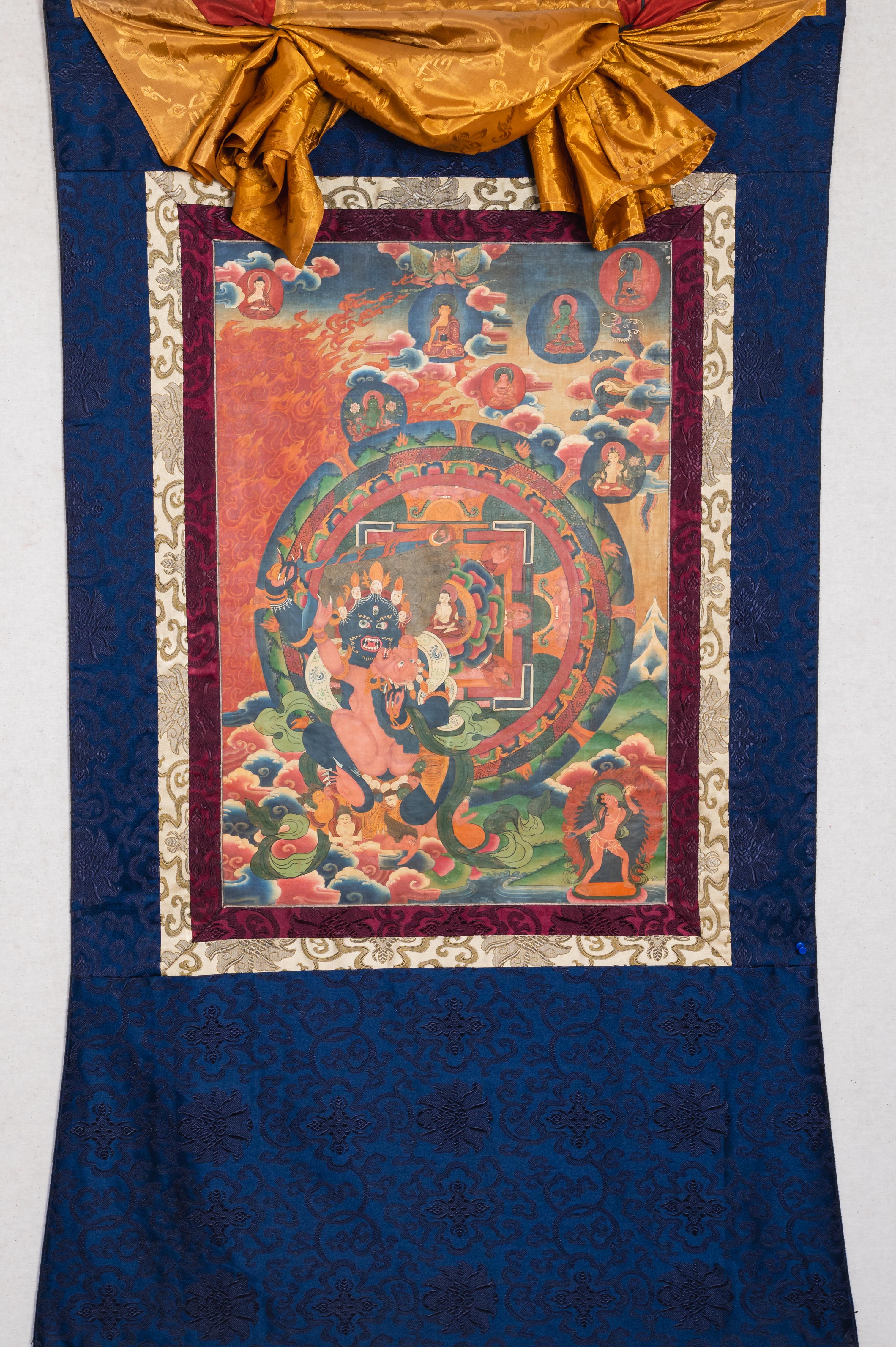 Antique Vajrakaya Brocade Thangka for spirituality.