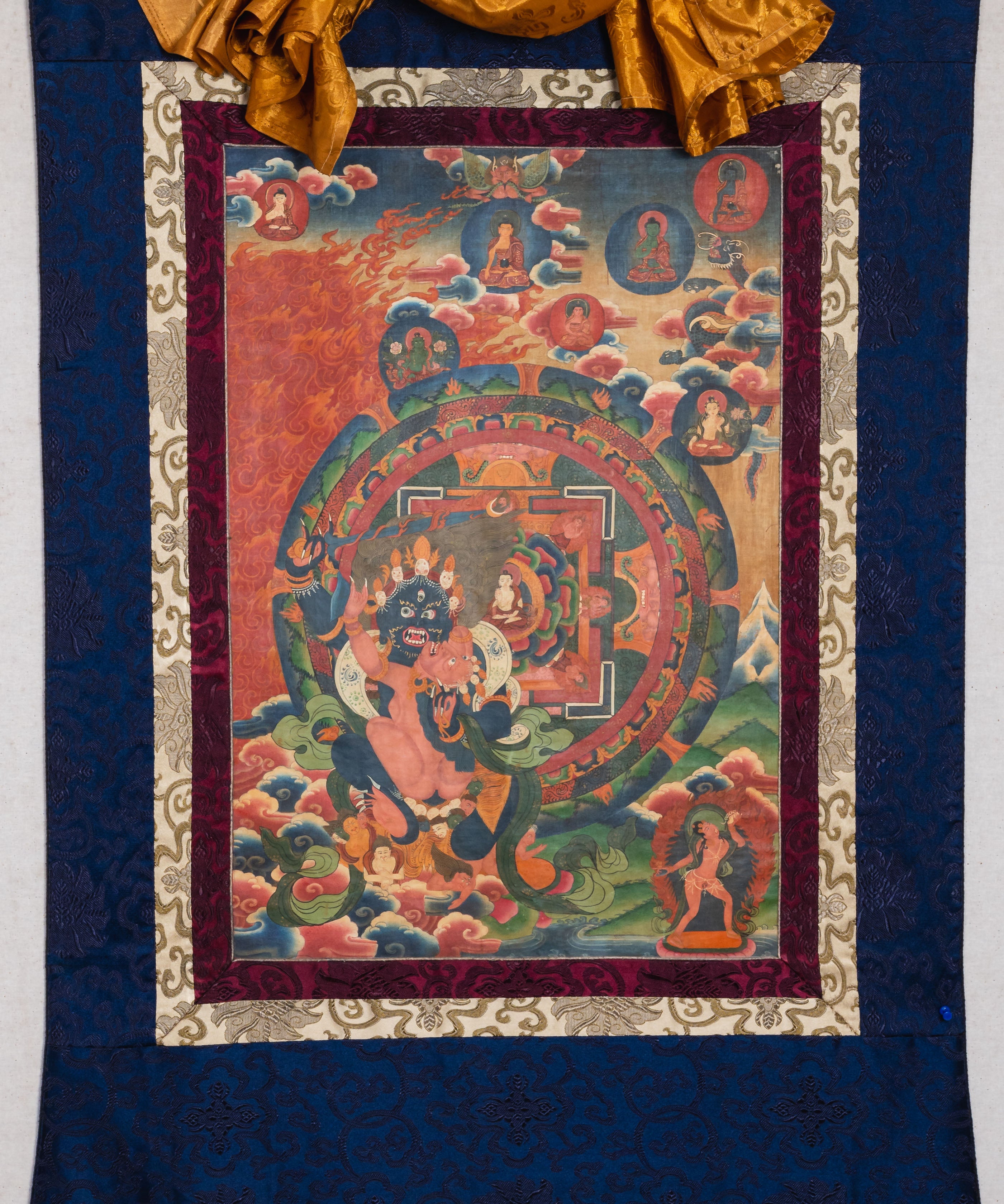 Antique Vajrakaya Brocade Thangka for spirituality.