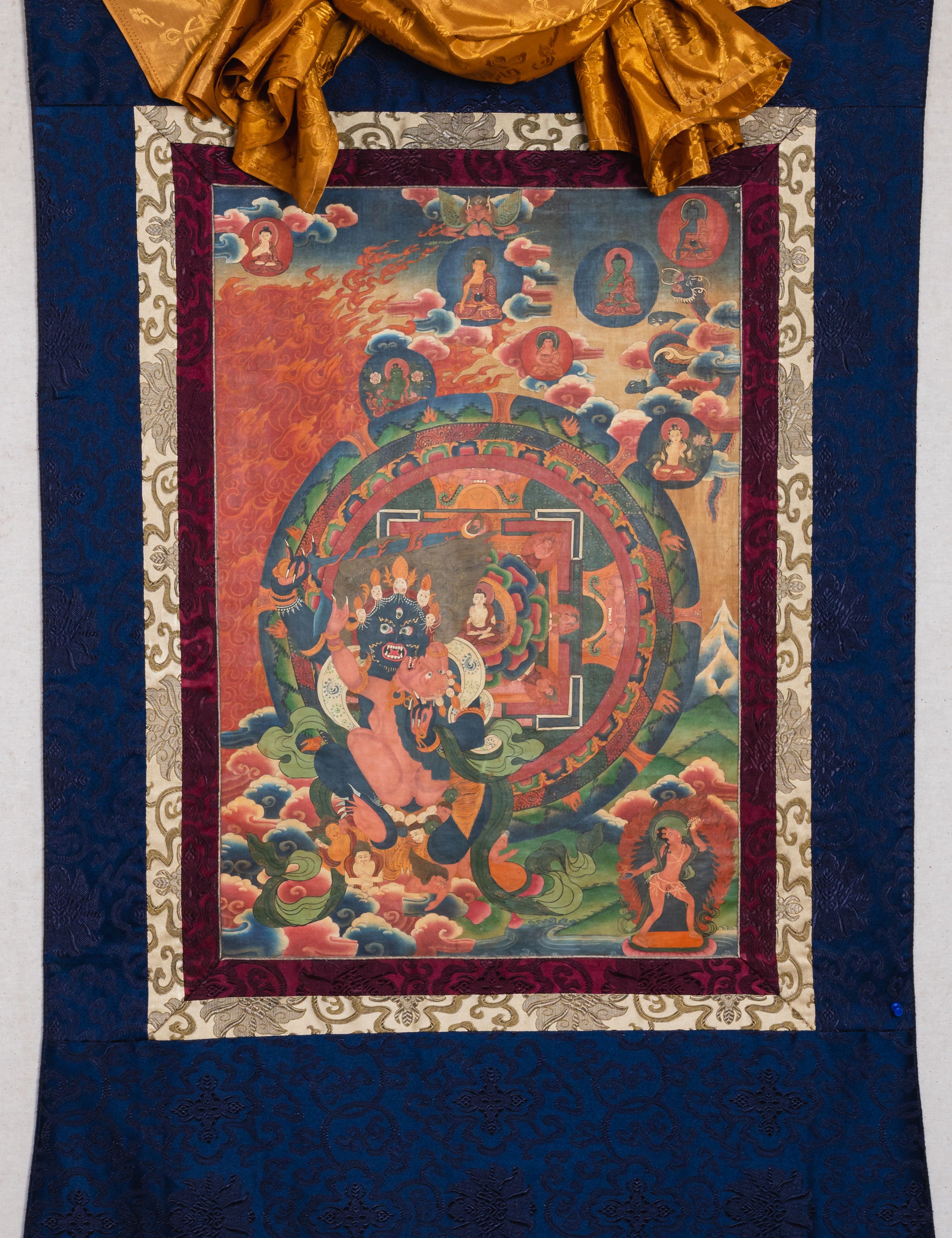 Antique Vajrakaya Brocade Thangka for spirituality.