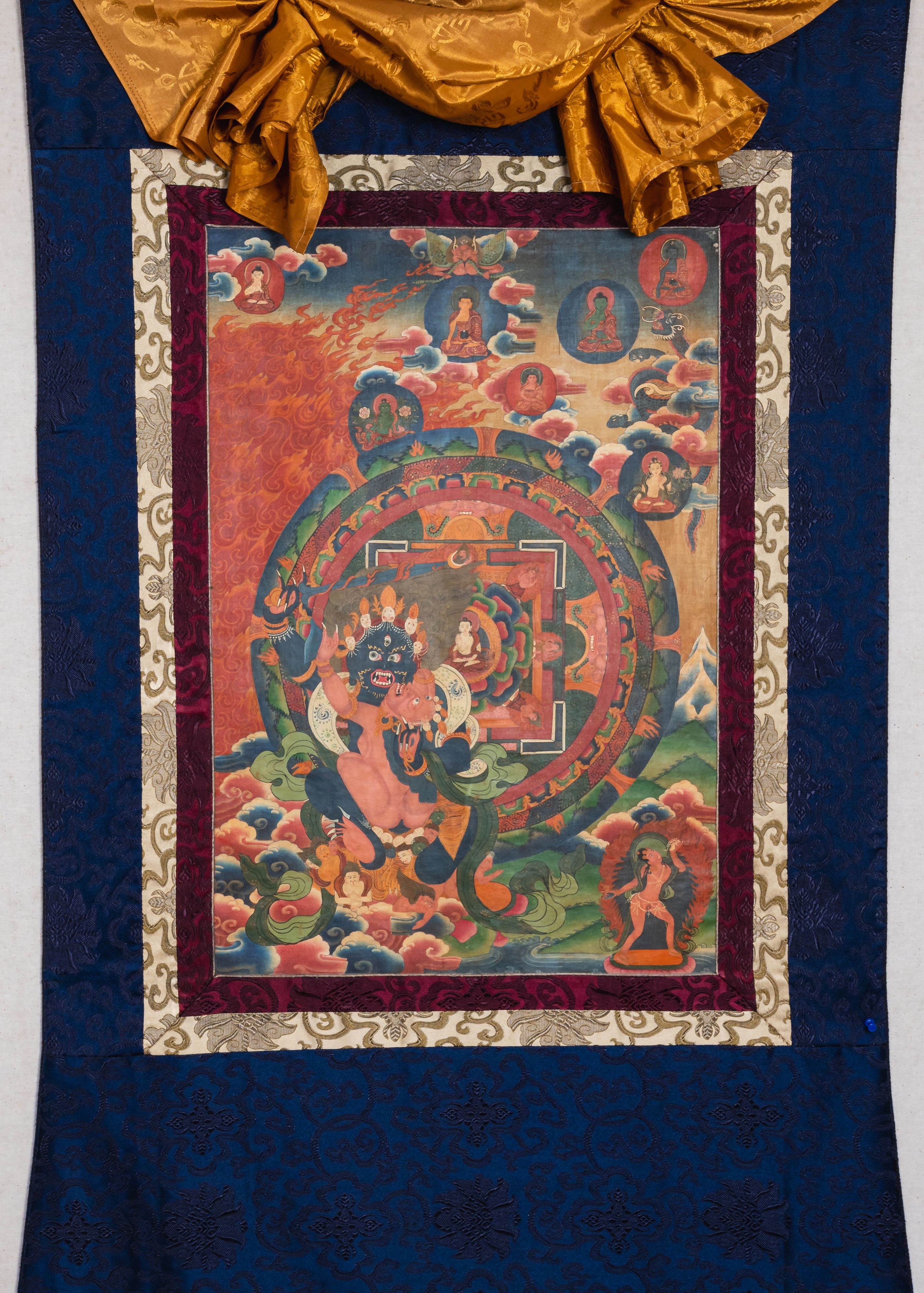 Antique Vajrakaya Brocade Thangka for spirituality.