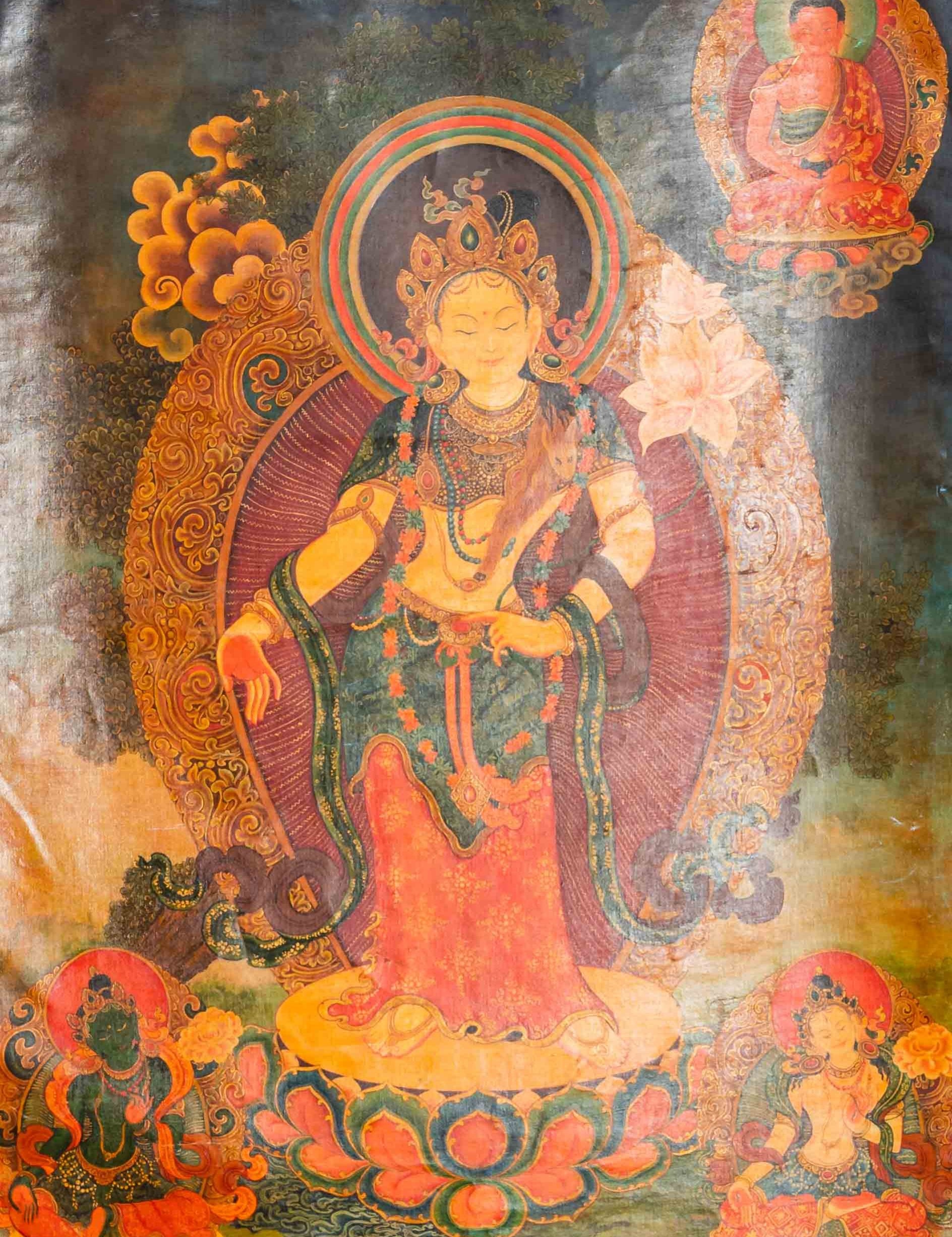 Antique Avalokiteshvara Thangka for meditation.