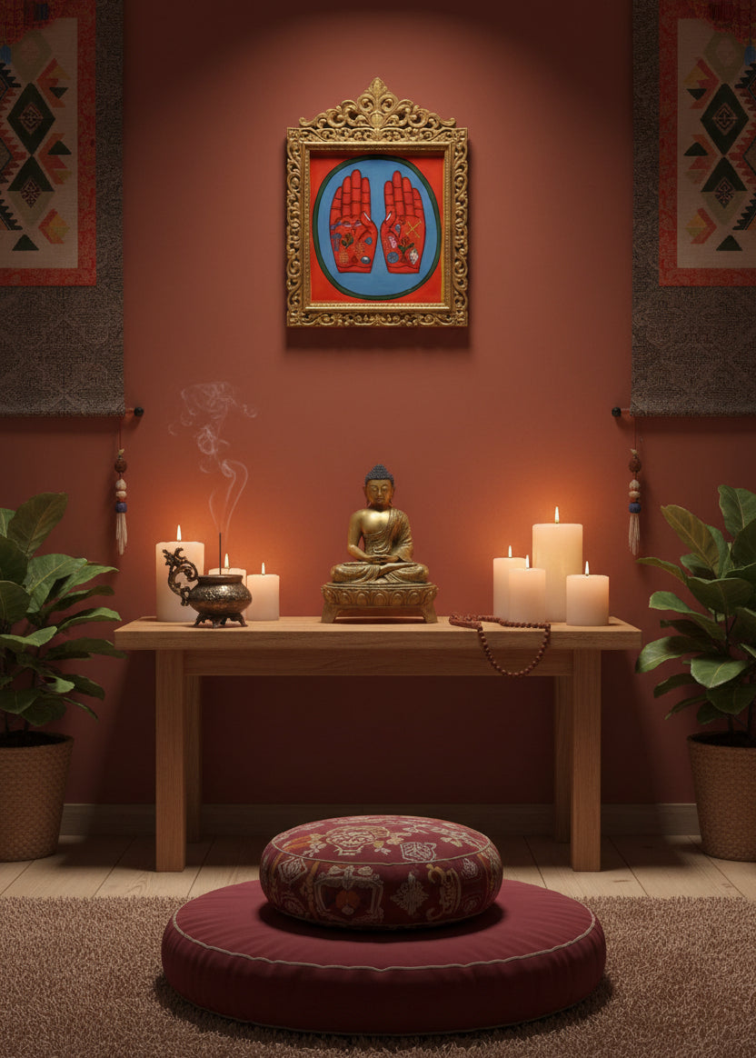 Painting of two open hands with sacred Buddhist symbols 