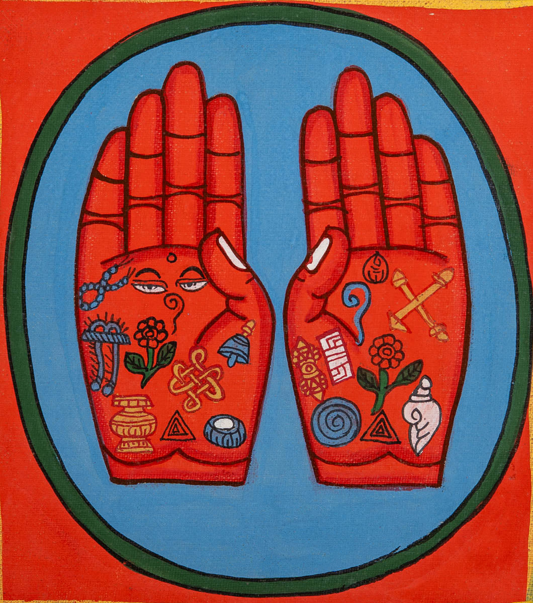 Painting of two open hands with sacred Buddhist symbols 