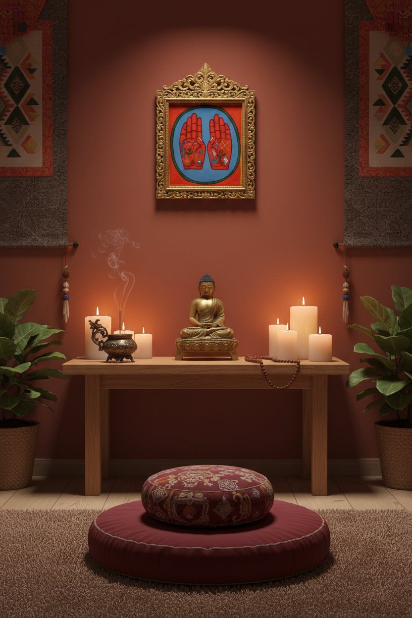 Painting of two open hands with sacred Buddhist symbols 