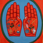 Painting of two open hands with sacred Buddhist symbols 