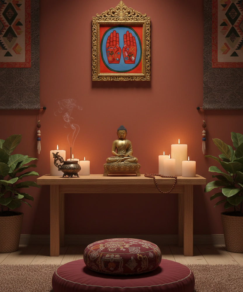 Painting of two open hands with sacred Buddhist symbols 