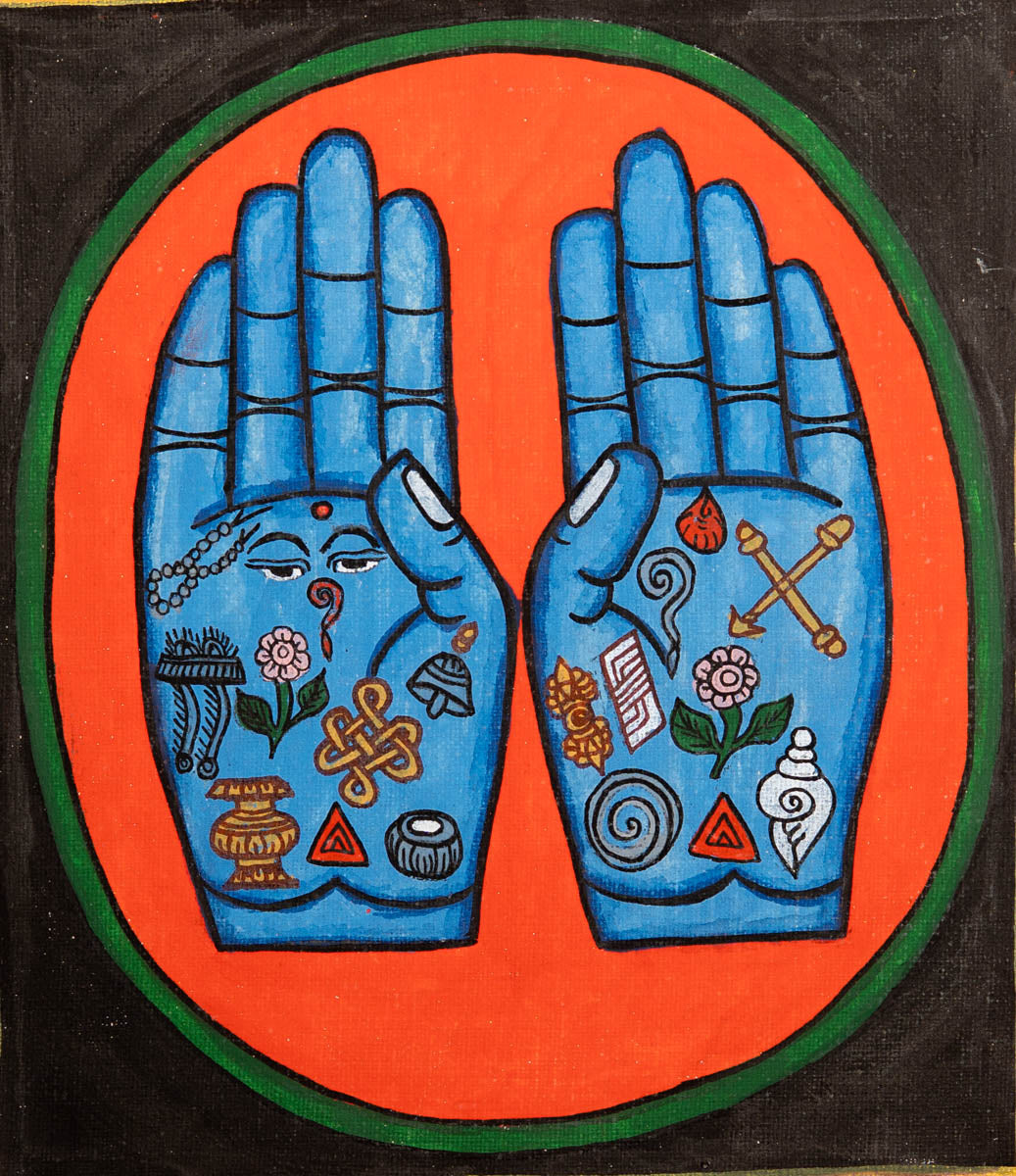 Painting of two open hands with sacred Buddhist symbols 