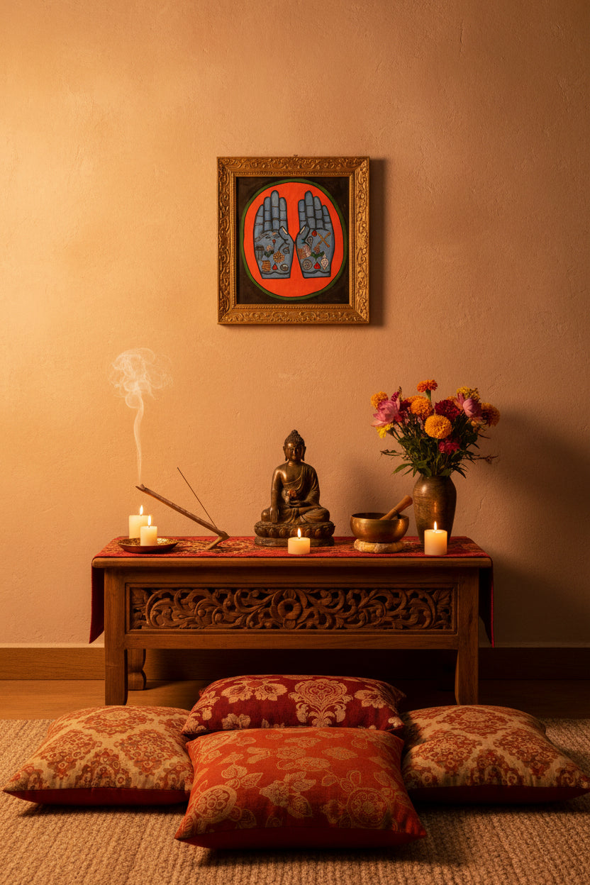 Painting of two open hands with sacred Buddhist symbols 