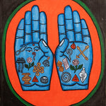 Painting of two open hands with sacred Buddhist symbols 