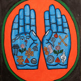 Painting of two open hands with sacred Buddhist symbols 