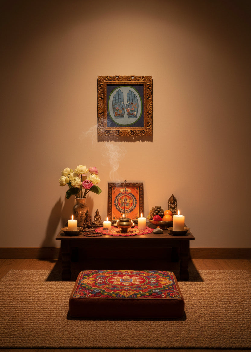Painting of two open hands with sacred Buddhist symbols 