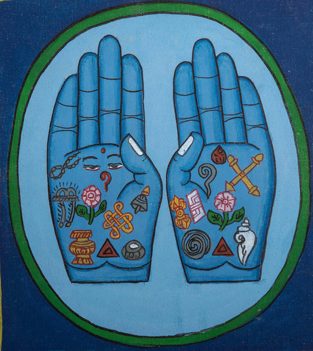 Painting of two open hands with sacred Buddhist symbols 